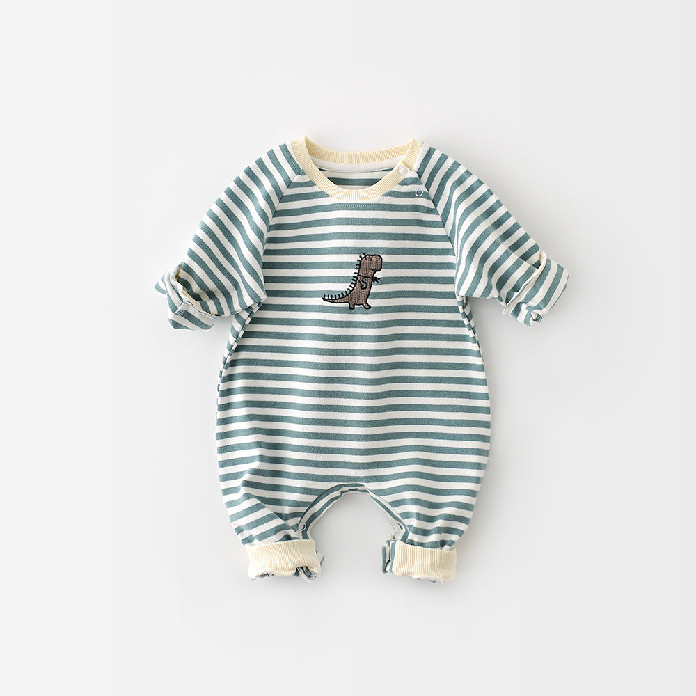 Male And Female Baby Cartoon Striped Dinosaur Embroidery Long-Sleeved Jumpsuit